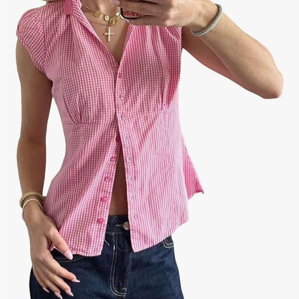 NWOT Amazon Pink Gingham Button Down Shirt